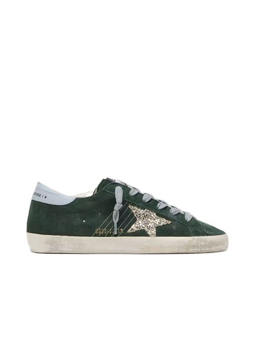 Super-Star in suede verde con stella in glitter argento e talloncino in pelle Golden Goose | GWF00101.F007200.35923GREEN/PLATINUM/QUARRY